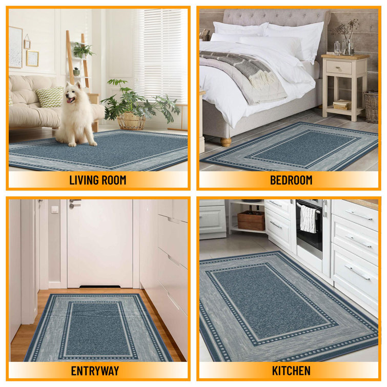 Blue and Gray Synthetic Non-Slip Rectangular Area Rug