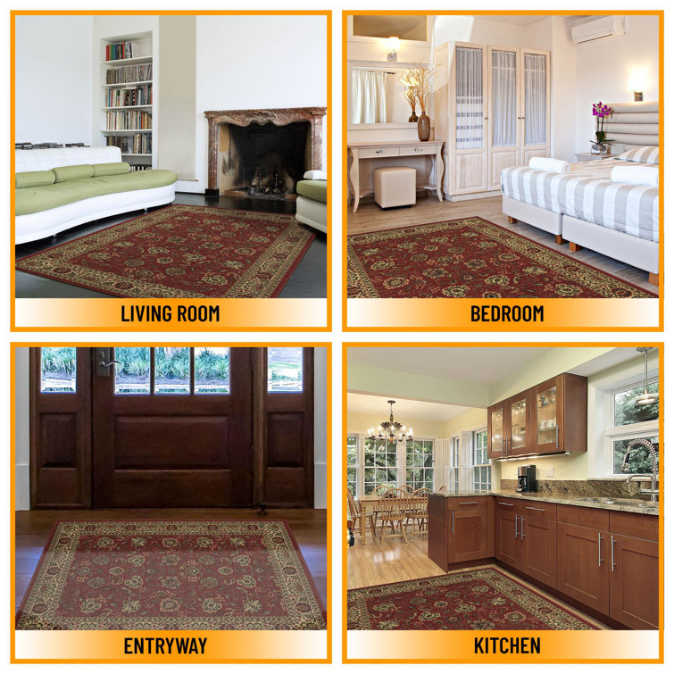 Dark Red Traditional Floral Non-Slip Synthetic Area Rug