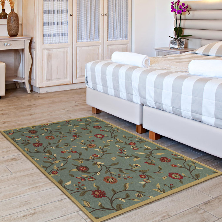 Seafoam Green Floral Design Washable Non-Slip Area Rug