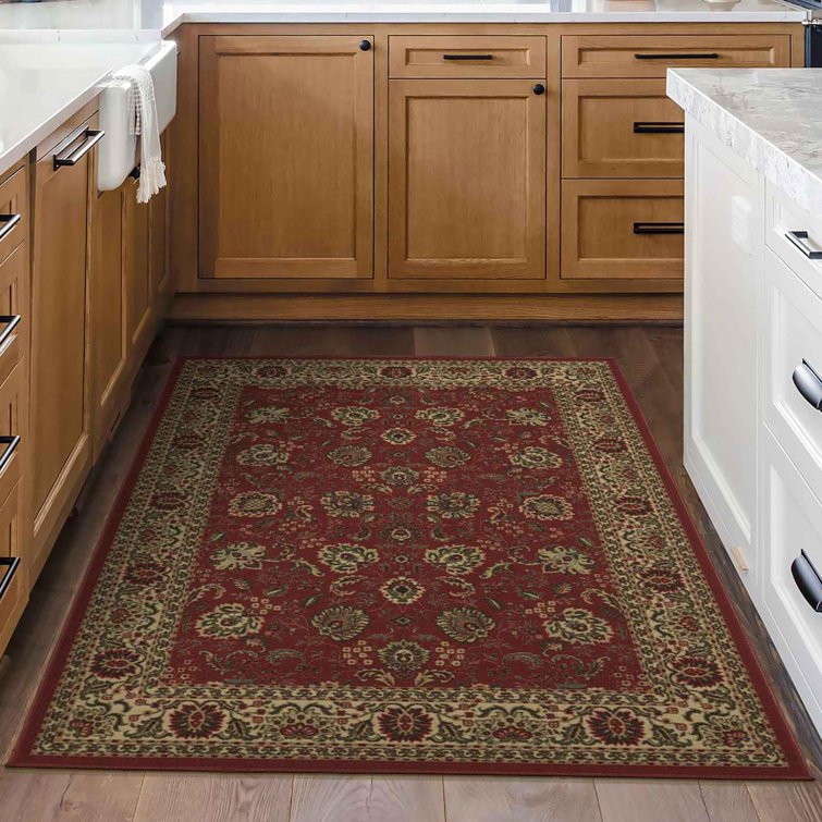Dark Red Traditional Floral Non-Slip Synthetic Area Rug