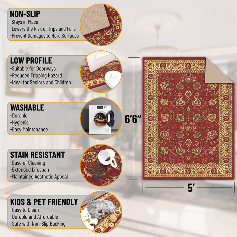 Dark Red Floral Synthetic Traditional Area Rug, 5' x 6'6"