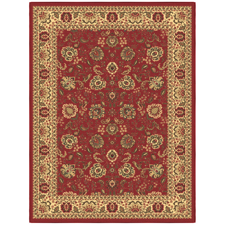 Dark Red Floral Synthetic Traditional Area Rug, 5' x 6'6"