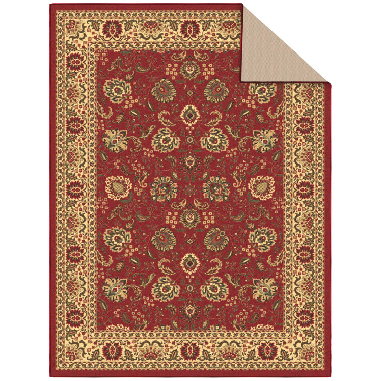 Dark Red Floral Synthetic Traditional Area Rug, 5' x 6'6"