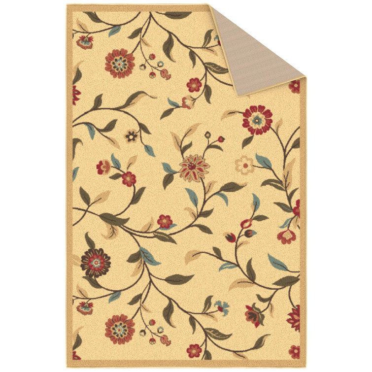 Beige Floral Leaves Design Washable Synthetic Area Rug
