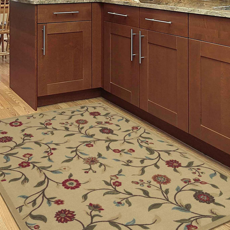 Beige Floral Leaves Design Washable Synthetic Area Rug