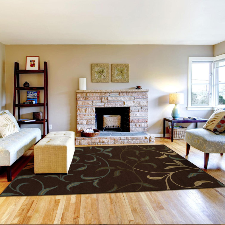 Brown and Beige Floral Design Washable Area Rug