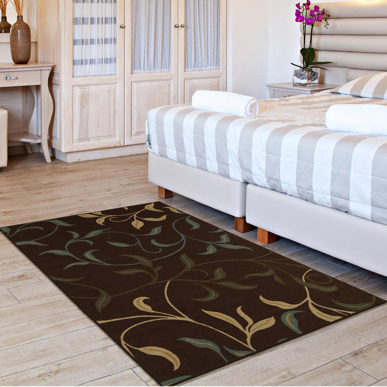 Brown and Beige Floral Design Washable Area Rug