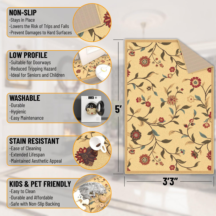 Beige Floral Leaves Design Washable Synthetic Area Rug