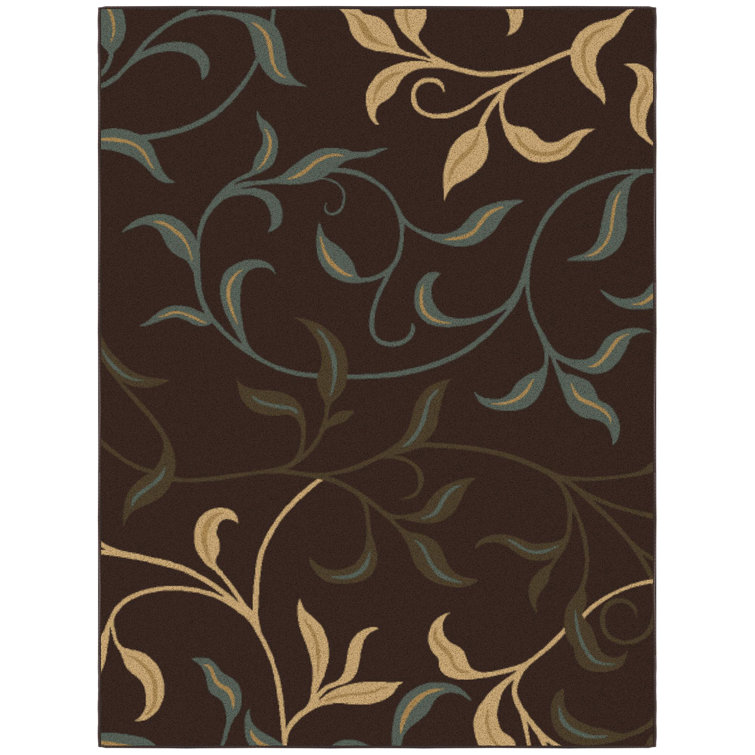 Brown and Beige Floral Design Washable Area Rug