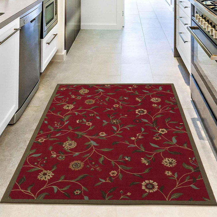 Red Floral Leaves Non-Slip Rubberback 3x5 Area Rug