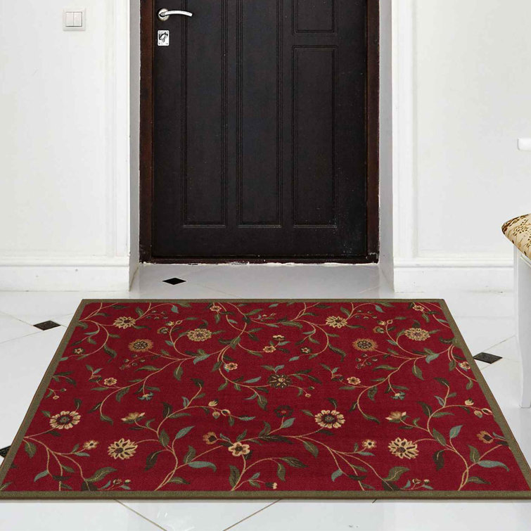 Red Floral Leaves Non-Slip Rubberback 3x5 Area Rug