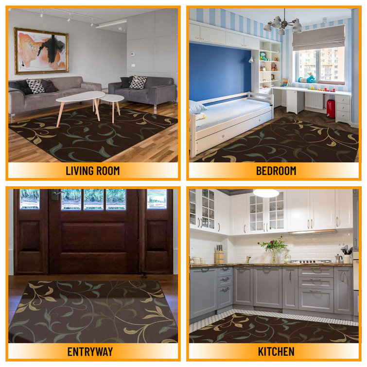 Brown and Beige Floral Design Washable Area Rug