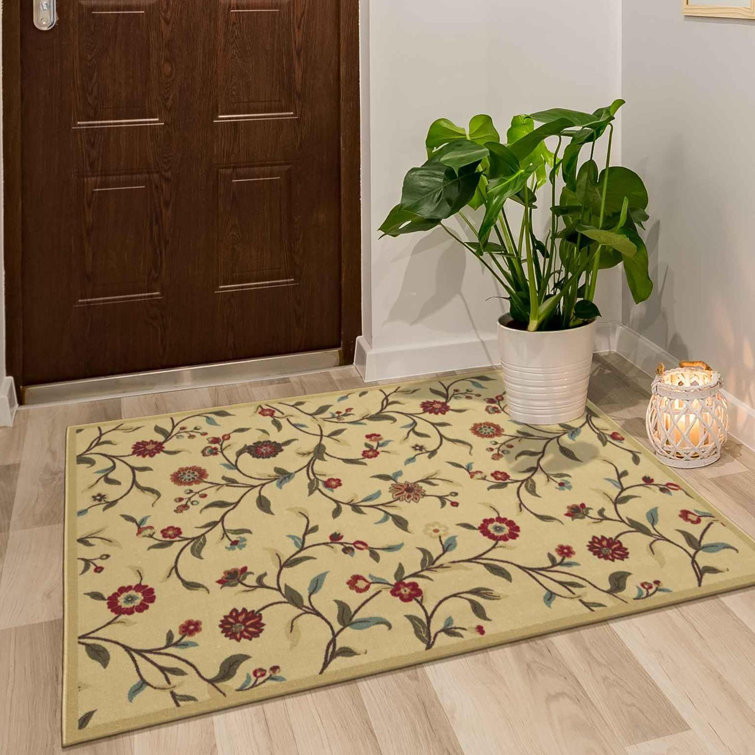 Beige Floral Leaves Design Washable Synthetic Area Rug