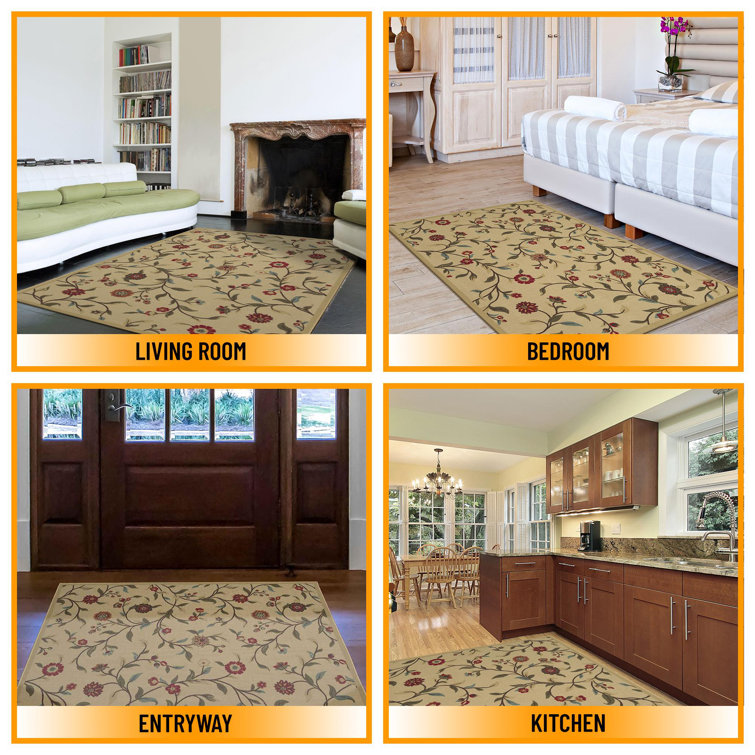 Beige Floral Leaves Design Washable Synthetic Area Rug