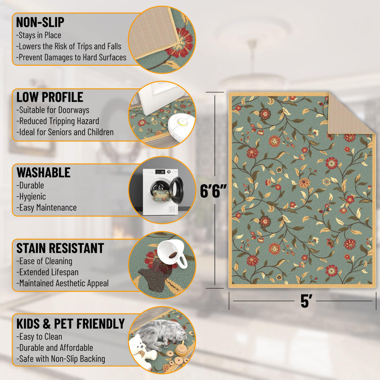 Seafoam Green Floral Design Washable Non-Slip Area Rug