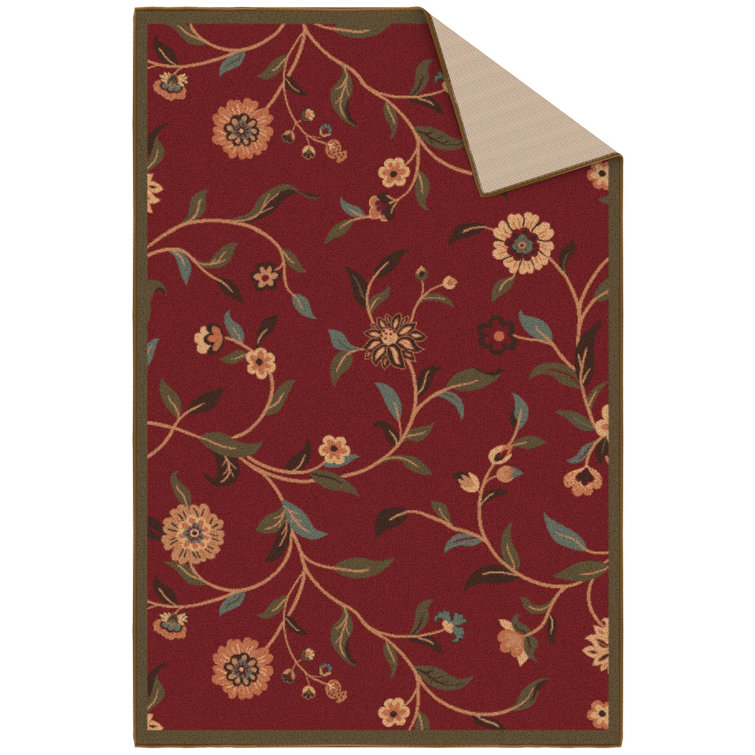 Red Floral Leaves Non-Slip Rubberback 3x5 Area Rug