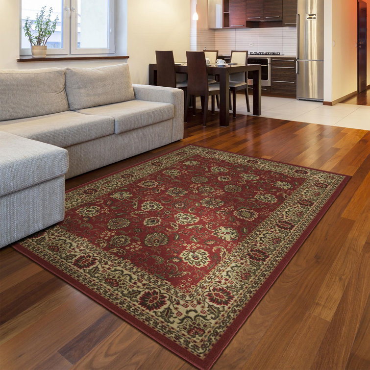 Dark Red Floral Synthetic Traditional Area Rug, 5' x 6'6"