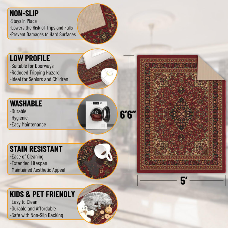 Red Oriental Design Low Pile Non-Slip Area Rug
