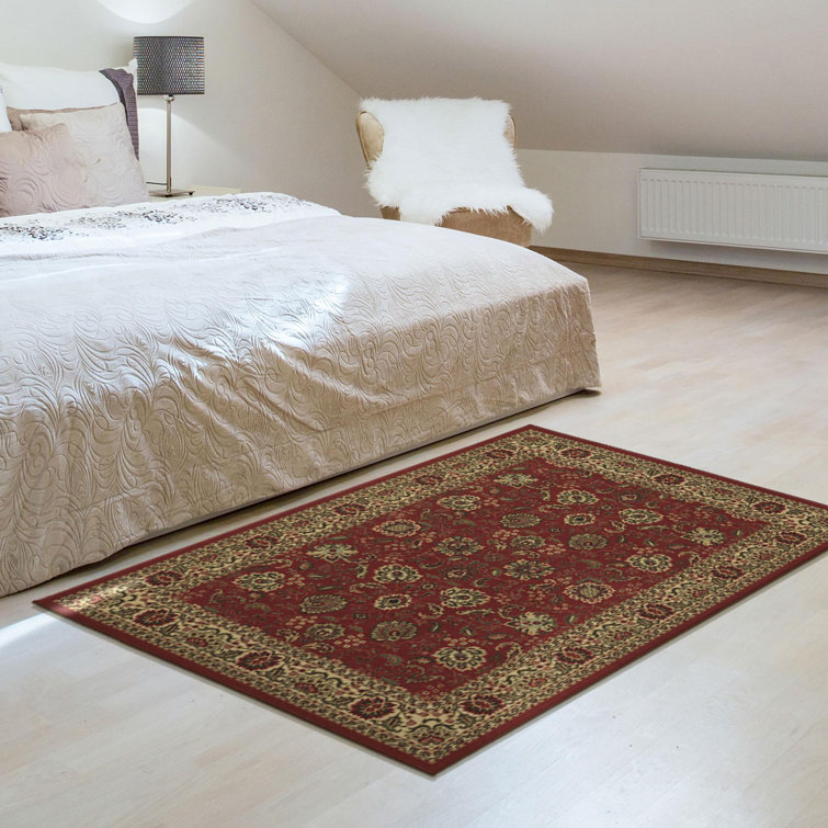Dark Red Traditional Floral Non-Slip Synthetic Area Rug
