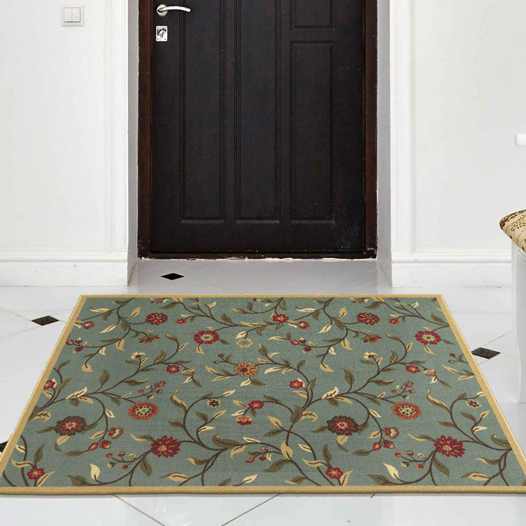 Seafoam Green Floral Design Washable Non-Slip Area Rug