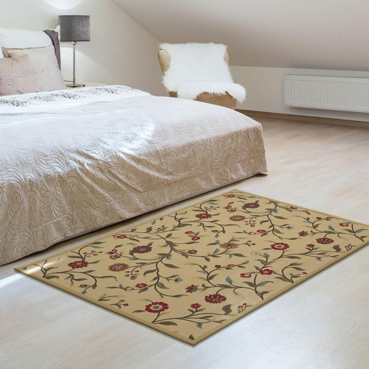 Beige Floral Leaves Design Washable Synthetic Area Rug