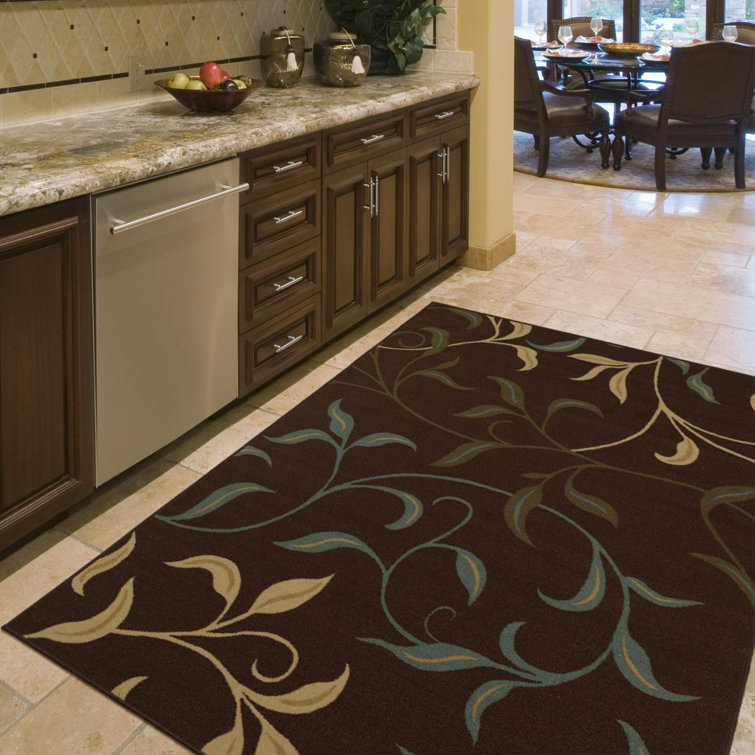 Brown and Beige Floral Design Washable Area Rug