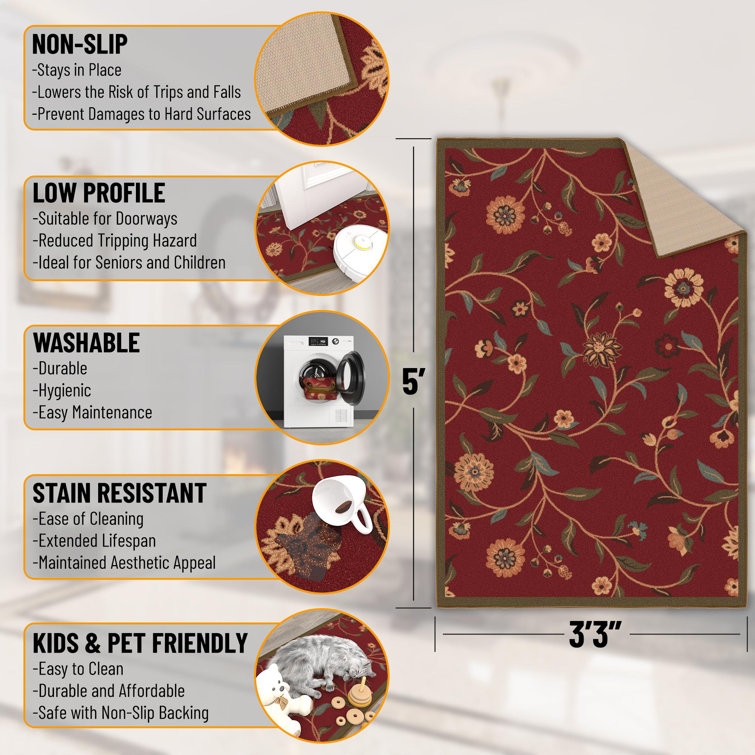Red Floral Leaves Non-Slip Rubberback 3x5 Area Rug