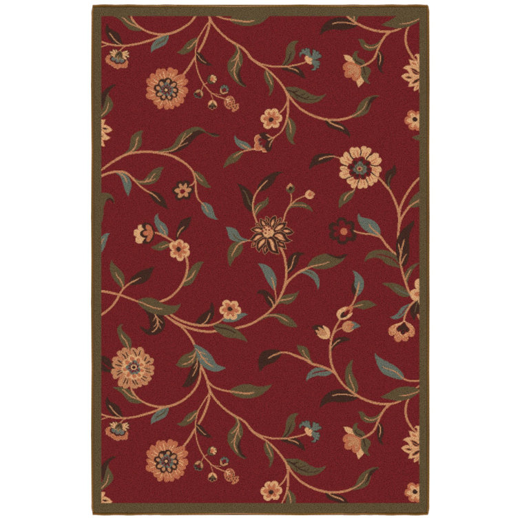 Red Floral Leaves Non-Slip Rubberback 3x5 Area Rug