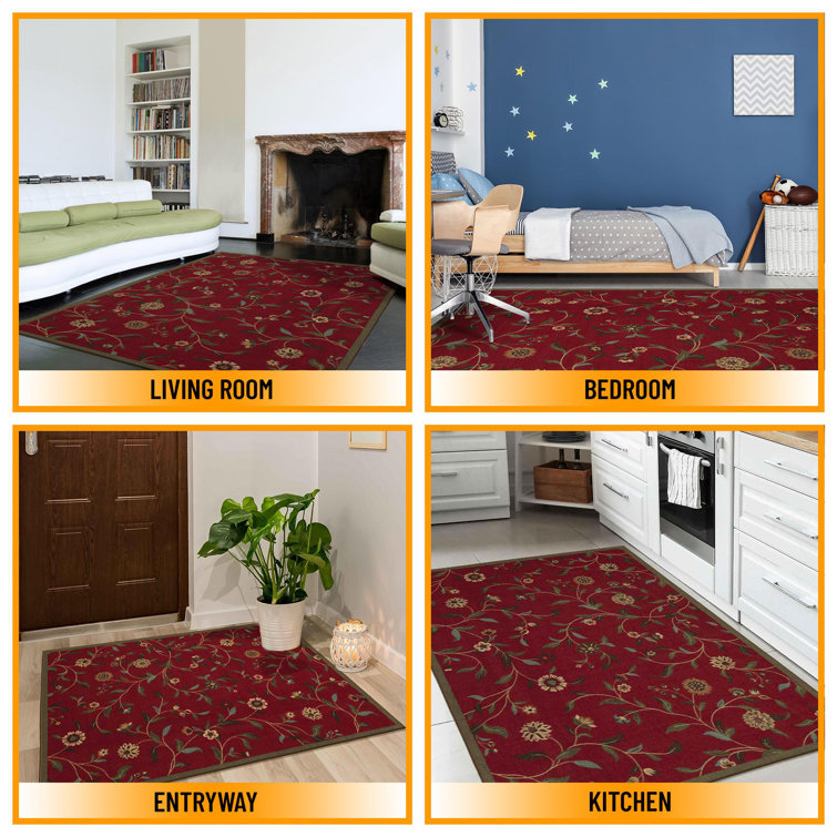 Red Floral Leaves Non-Slip Rubberback 3x5 Area Rug