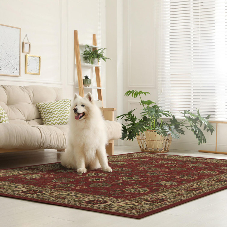 Dark Red Traditional Floral Non-Slip Synthetic Area Rug