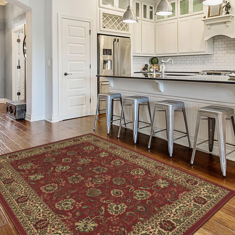 Dark Red Floral Synthetic Traditional Area Rug, 5' x 6'6"