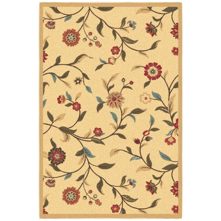 Beige Floral Leaves Design Washable Synthetic Area Rug