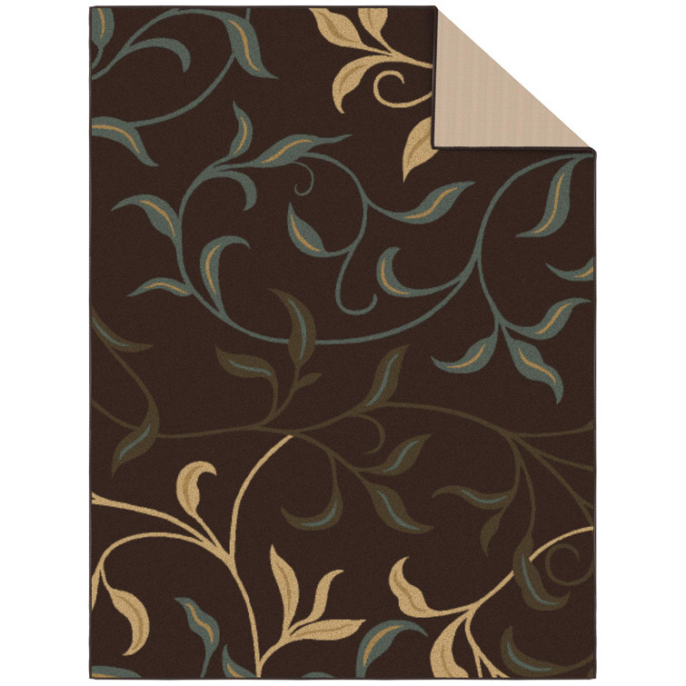 Brown and Beige Floral Design Washable Area Rug