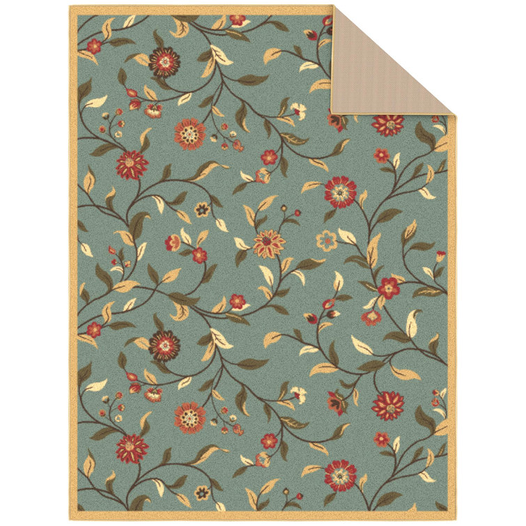 Seafoam Green Floral Design Washable Non-Slip Area Rug