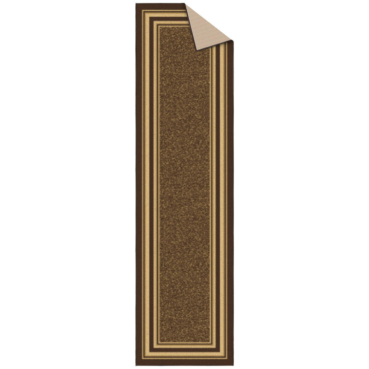 Brown and Beige Bordered Runner Rug with Non-Slip Backing