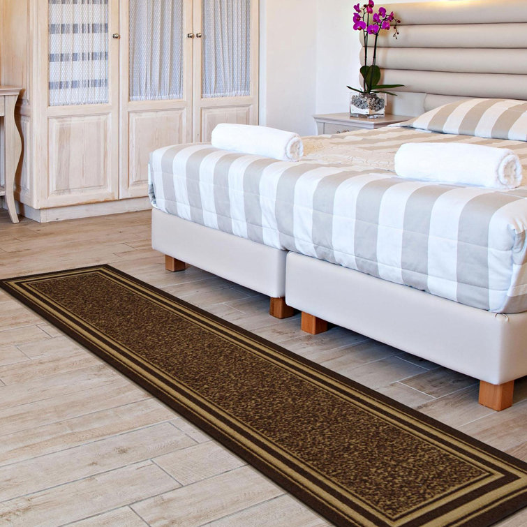 Brown and Beige Bordered Runner Rug with Non-Slip Backing