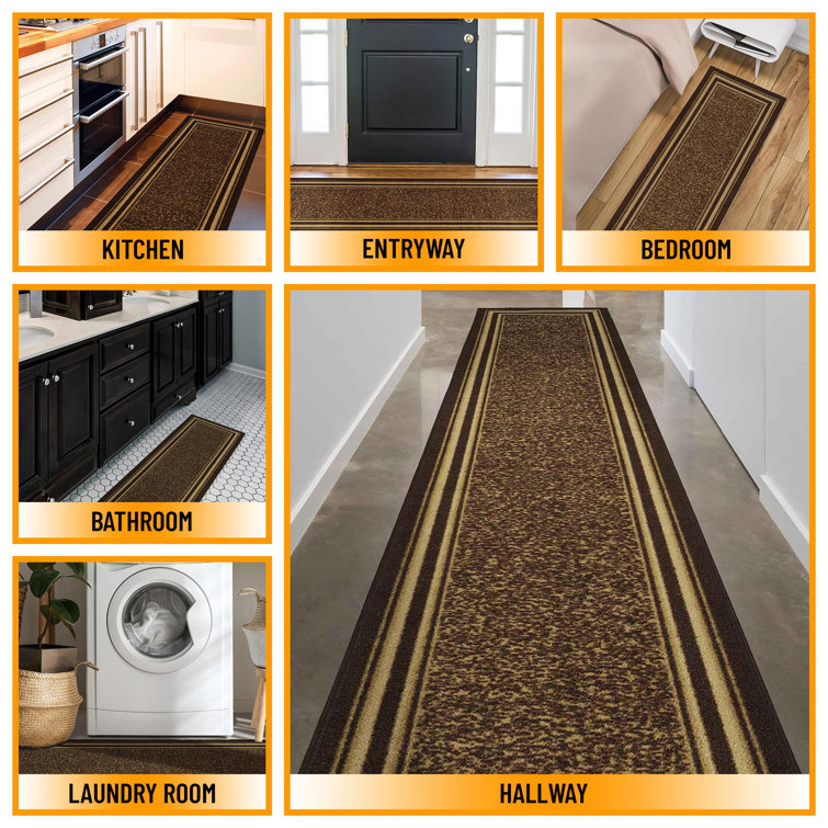 Brown and Beige Bordered Runner Rug with Non-Slip Backing