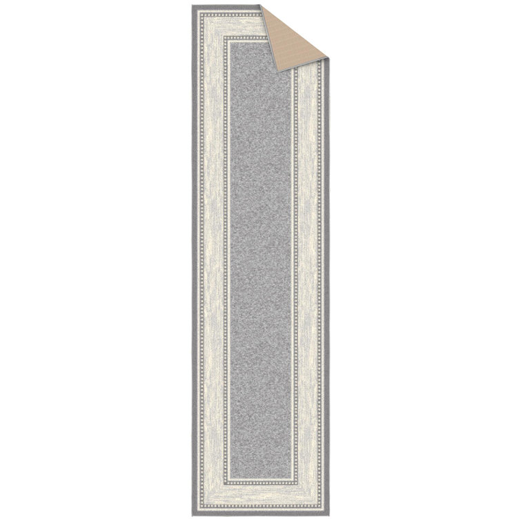 Gray Washable Non-Slip Synthetic Runner Rug with Bordered Design