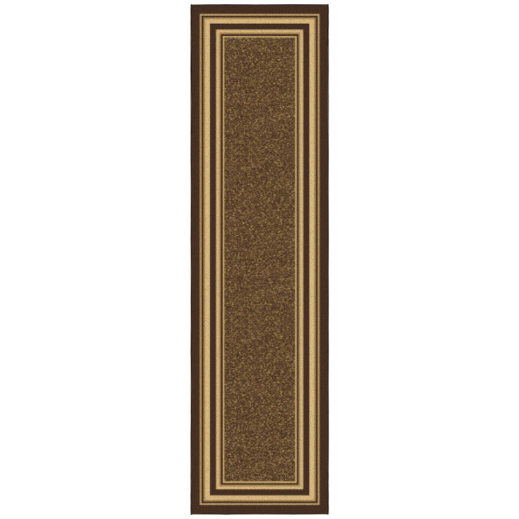 Brown and Beige Bordered Runner Rug with Non-Slip Backing