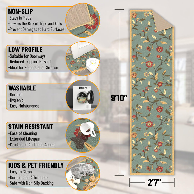 Seafoam Green Floral Non-Slip Hallway Runner Rug