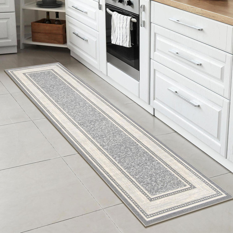 Gray Washable Non-Slip Synthetic Runner Rug with Bordered Design