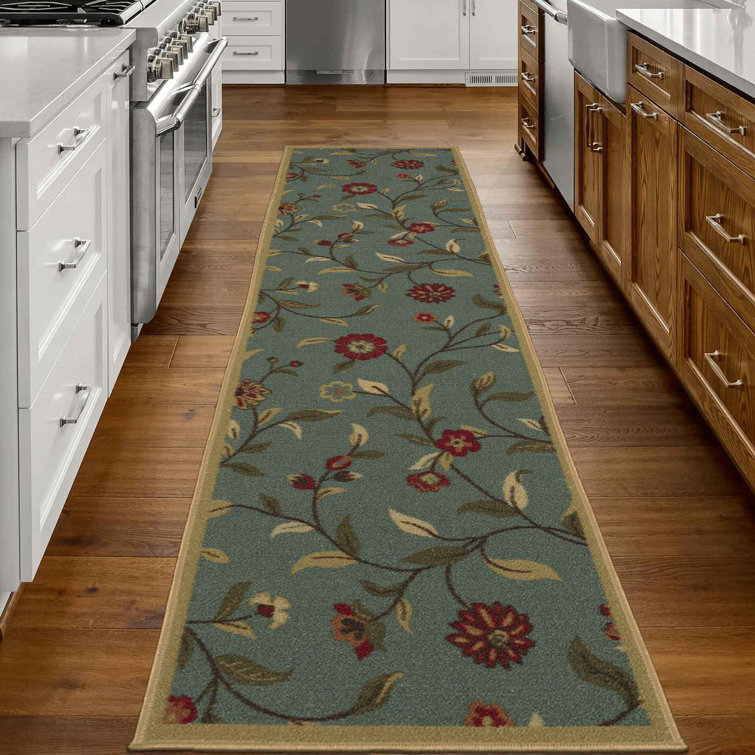 Seafoam Green Floral Non-Slip Hallway Runner Rug