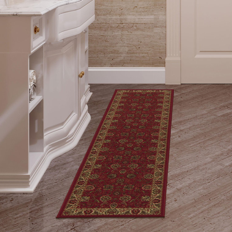 Dark Red Floral Non-Slip Synthetic Runner Rug