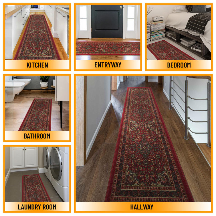 Red Oriental Design Washable Non-Slip Runner Rug