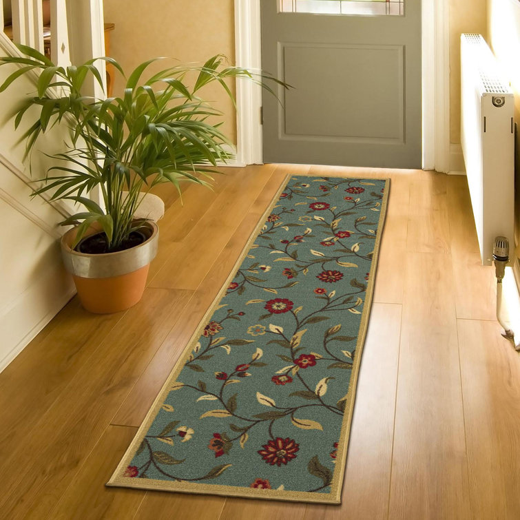 Seafoam Green Floral Non-Slip Hallway Runner Rug
