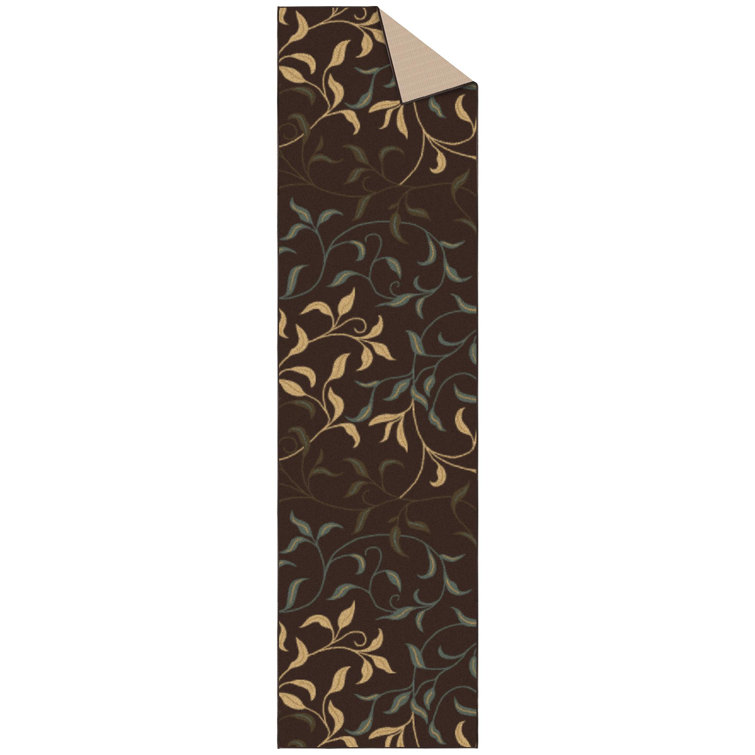 Brown Leaves Design Non-Slip Runner Rug, 2'7" x 9'10"