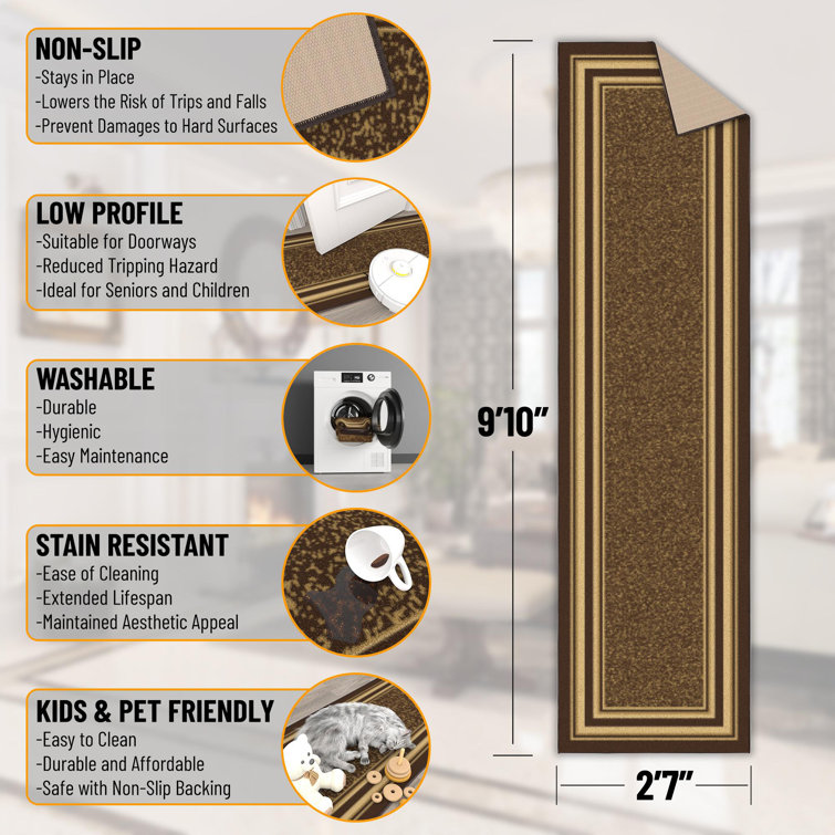 Brown and Beige Bordered Runner Rug with Non-Slip Backing