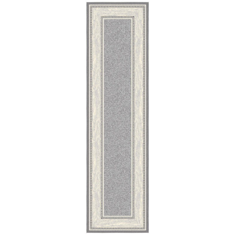 Gray Washable Non-Slip Synthetic Runner Rug with Bordered Design