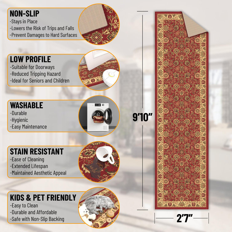 Dark Red Floral Non-Slip Synthetic Runner Rug
