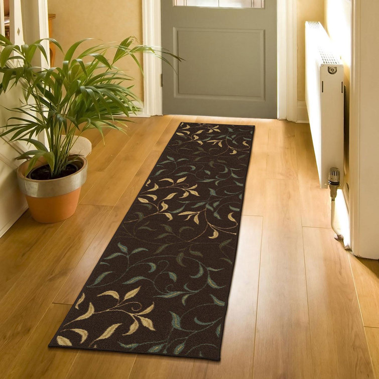 Brown Leaves Design Non-Slip Runner Rug, 2'7" x 9'10"